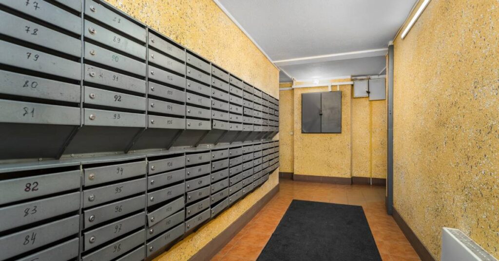 A large set of grey cluster mailboxes set in a wall in a multi-tenant building's lobby with yellowish walls.