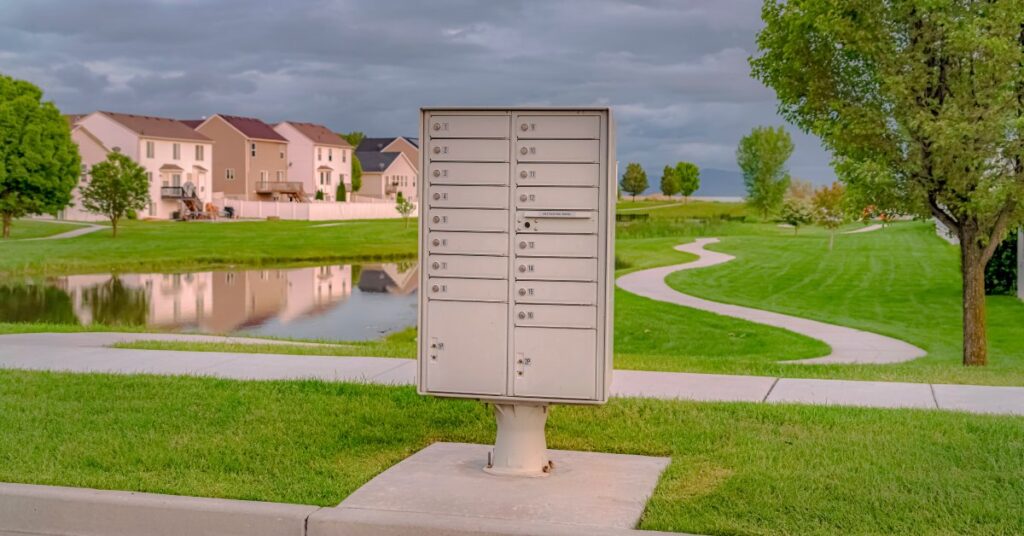 A freestanding cluster mailbox standing against a cloudy sky with homes, trees, grass, and a pond behind it.