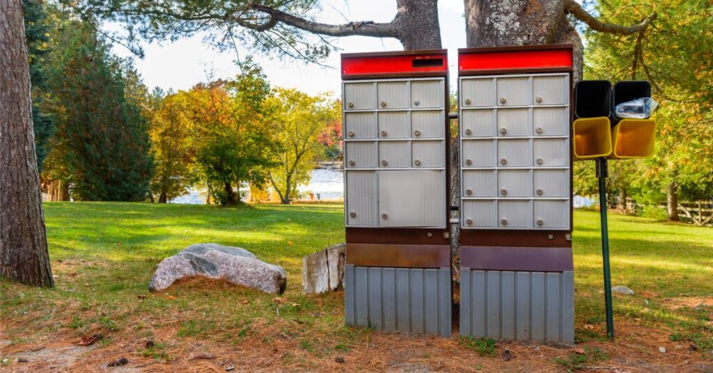 A tall silvery metal cluster mailbox unit stands in front of a bright yellow field of flowers and grass.