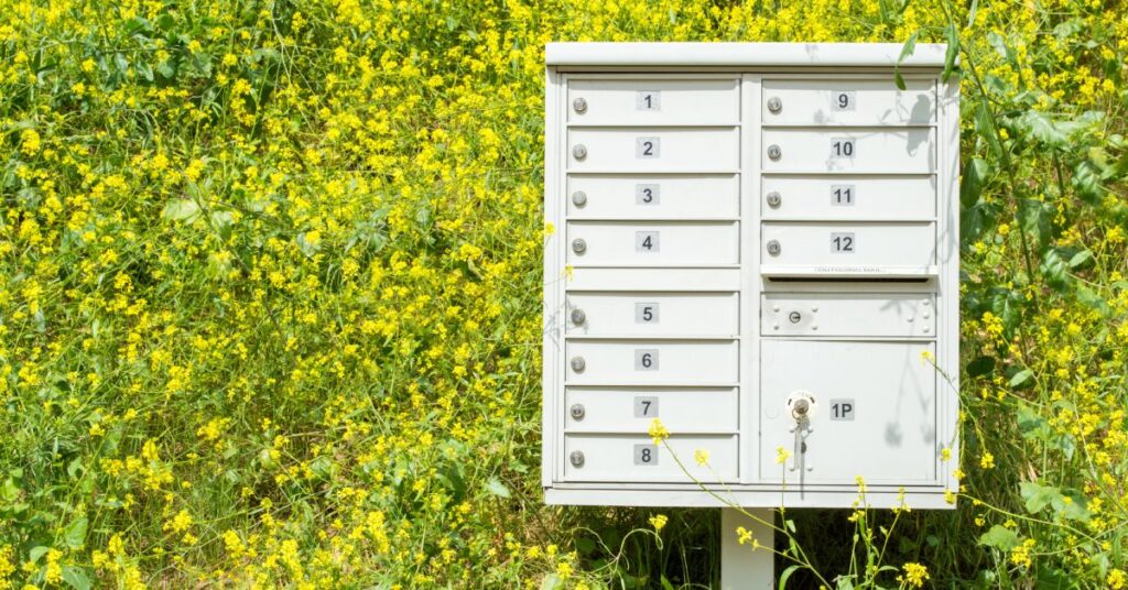 A tall silvery metal cluster mailbox unit stands in front of a bright yellow field of flowers and grass.