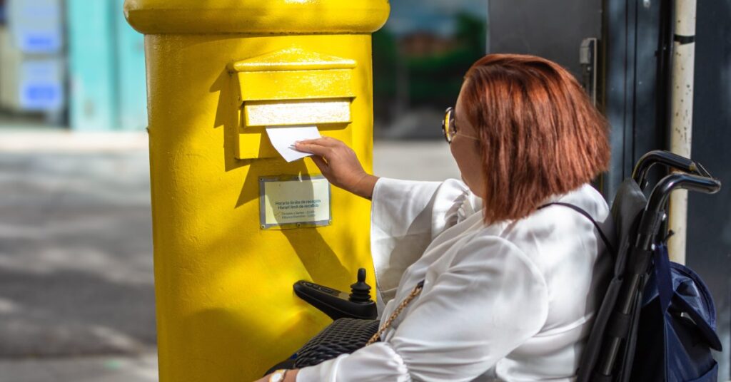 A woman with reddish hair and glasses sits in a wheelchair and inserts a piece of mail into a yellow mailbox.