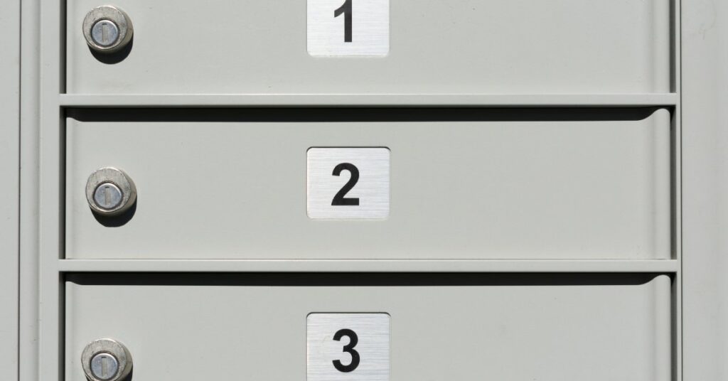 The closeup image of individual mail slots, numbered 1, 2, and 3, on a cluster mailbox. Each has its own keyhole.