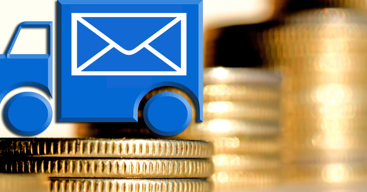 A cartoon image of a blue mail truck sits on top of gold coins. Other stacks of gold coins are in the background.
