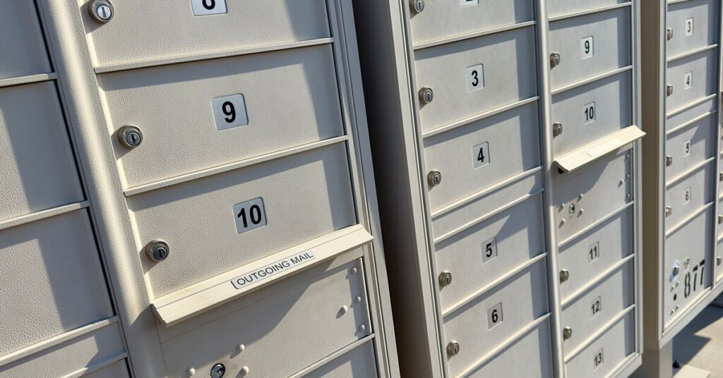 Metal community mailbox units, with many locked boxes and secure compartments, are installed on a concrete base.