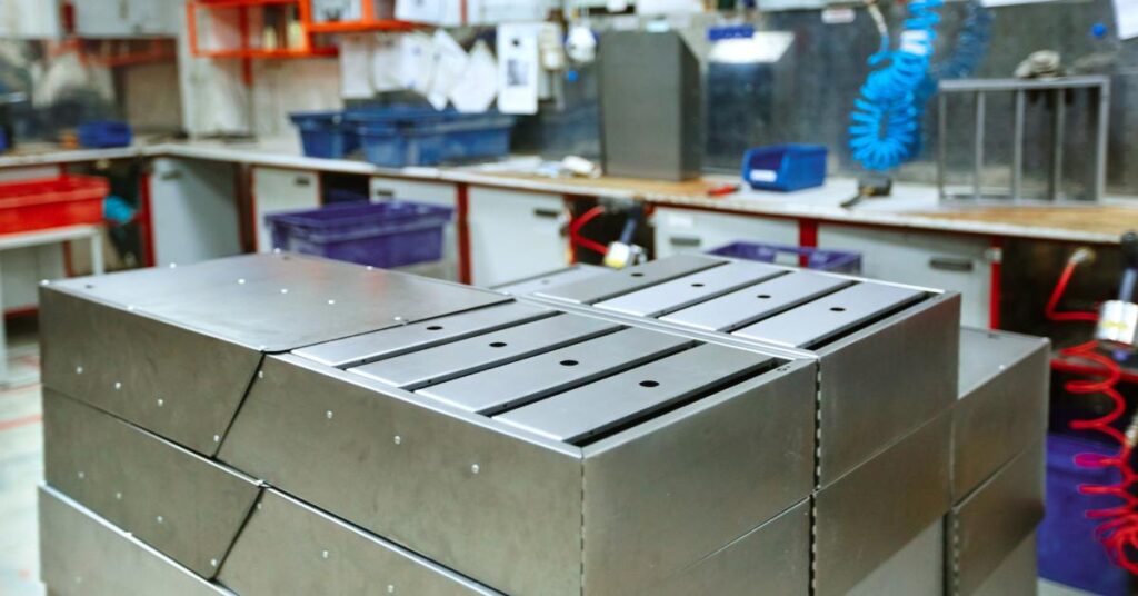 Blank, incomplete mailbox structures made of metal stacked in a room filled with papers and products made of metal.