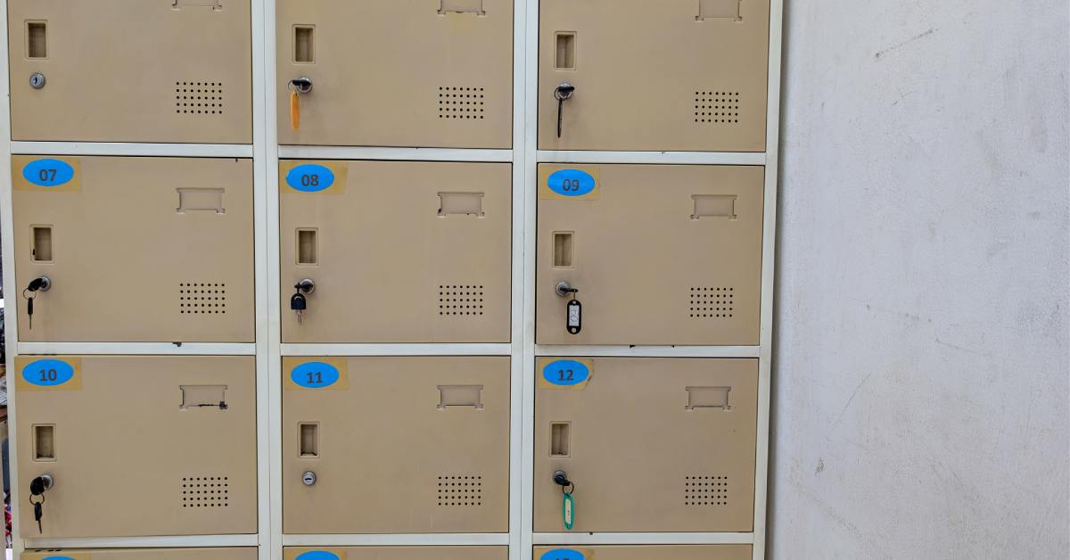 There are a number of beige storage boxes installed into a concrete wall. Each locker has a number.