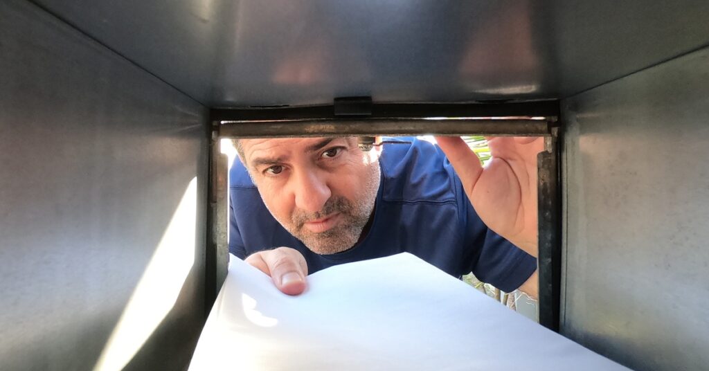 A man is looking into a mailbox. He is putting a piece of paper into the box with one hand.