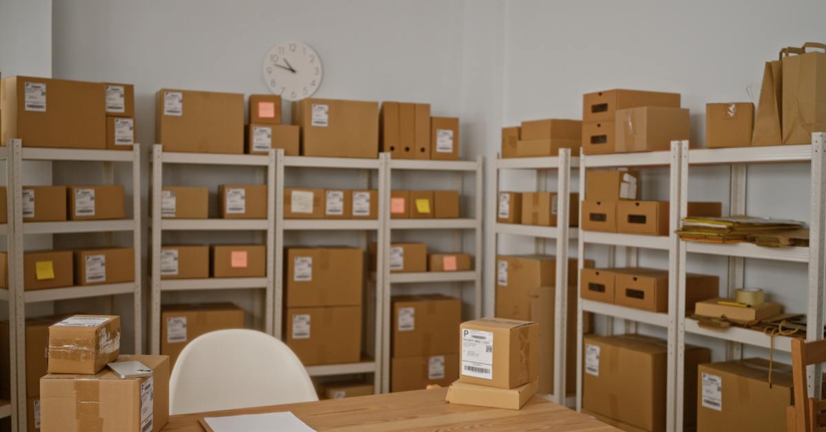 A room with shelves along the back wall. There are cardboard boxes of various sizes on those shelves.